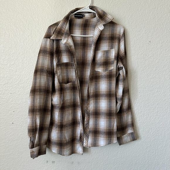 Pretty LittleThing Brown White Cream Long Sleeve Plaid Button Up Shirt Size 12 - Picture 1 of 6